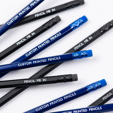 A personalised pencil set with the text ‘Custom Printed Pencils’ and ‘Pencil Me In’ from the Pencil Me In stationery shop